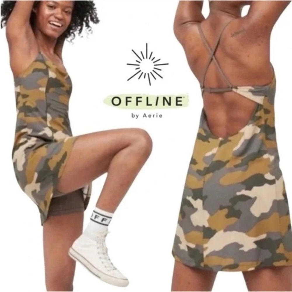 aerie Camo Print Strappy Back Slip Dress in Green Tan Gray